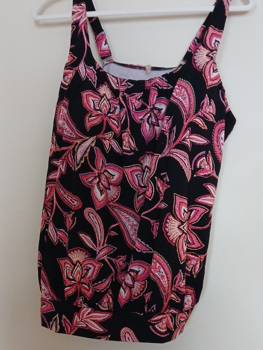 Lands' End Black Tankini Top with Pink Floral Print